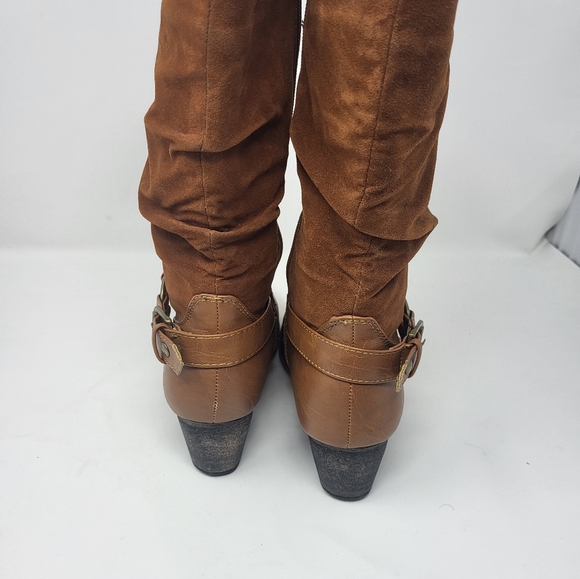 Daily Shoes Zipper Closure Harness Heeled Boots Tan Faux Suede Tan Brown Size 8 - Picture 6 of 13